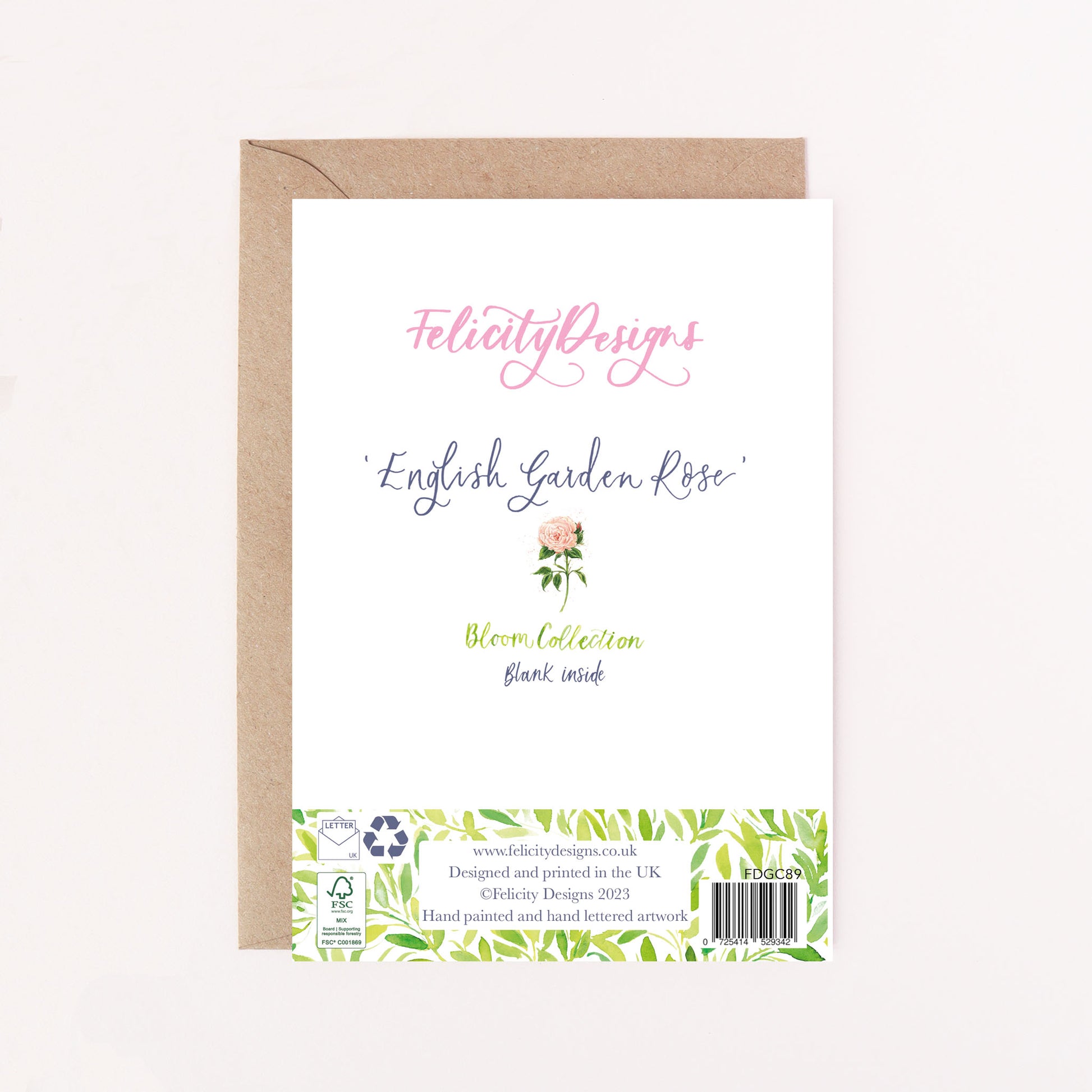 Felicity Designs English Garden Rose card with a brown envelope on a white background