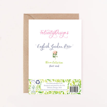 Felicity Designs English Garden Rose card with a brown envelope on a white background