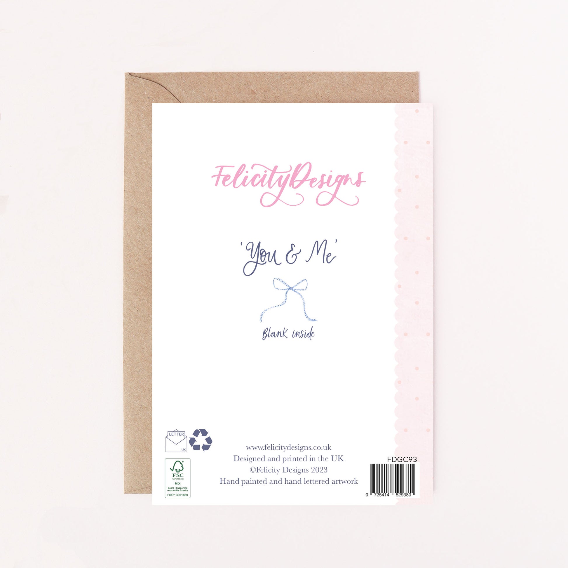 Felicity Designs card with pink watercolor design and 'You & Me' text on a white background