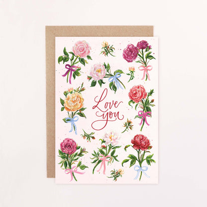 Love You - English Garden Roses & Bows Greeting Card
