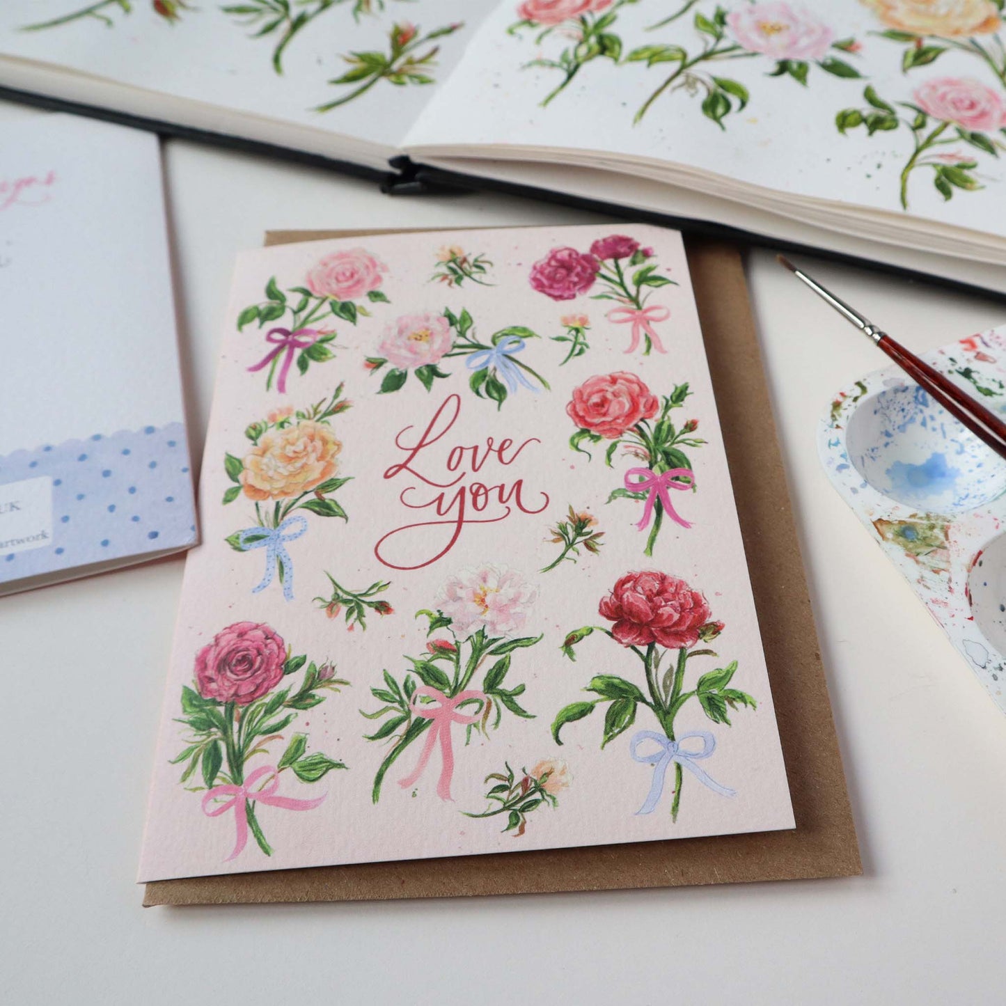 Love You - English Garden Roses & Bows Greeting Card