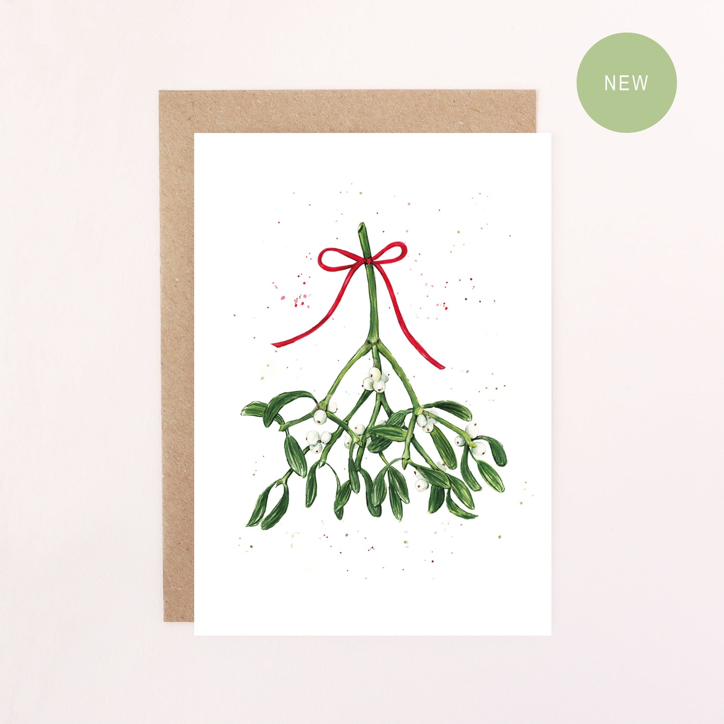A greeting card illustration featuring a sprig of mistletoe tied with a red bow with a white background.