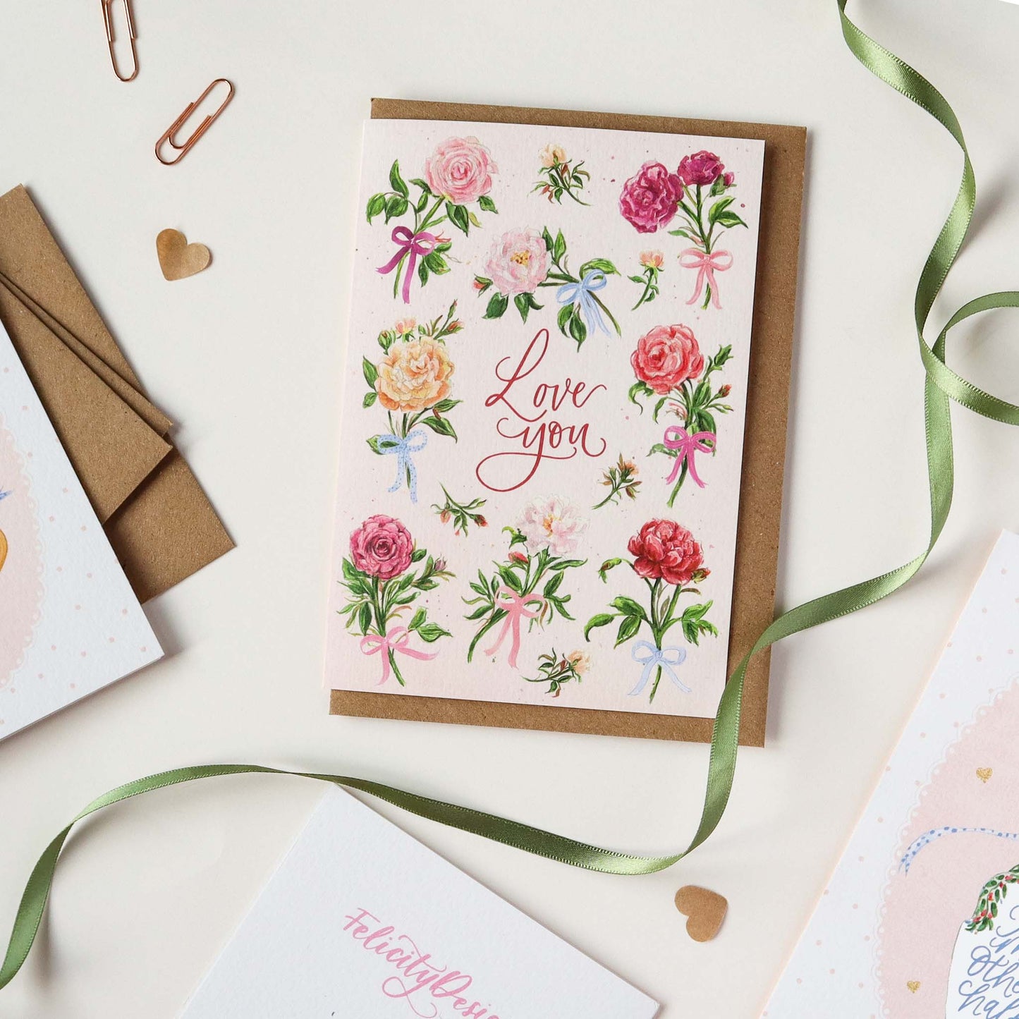 Love You - English Garden Roses & Bows Greeting Card