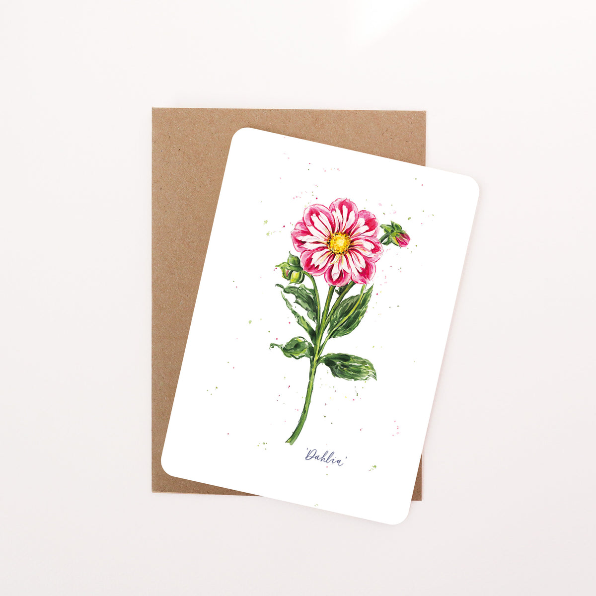 A white postcard featuring a watercolor illustration of a pink and white dahlia flower with green leaves, shown with a brown kraft envelope on a light beige background.
