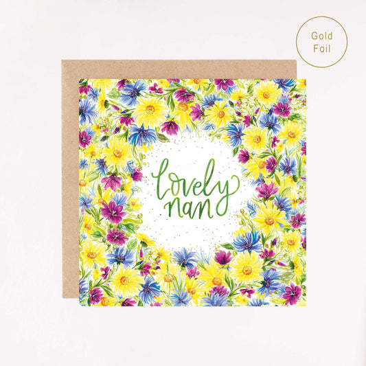 Lovely Nan Floral Wreath Card - Gold Foil Greeting Card