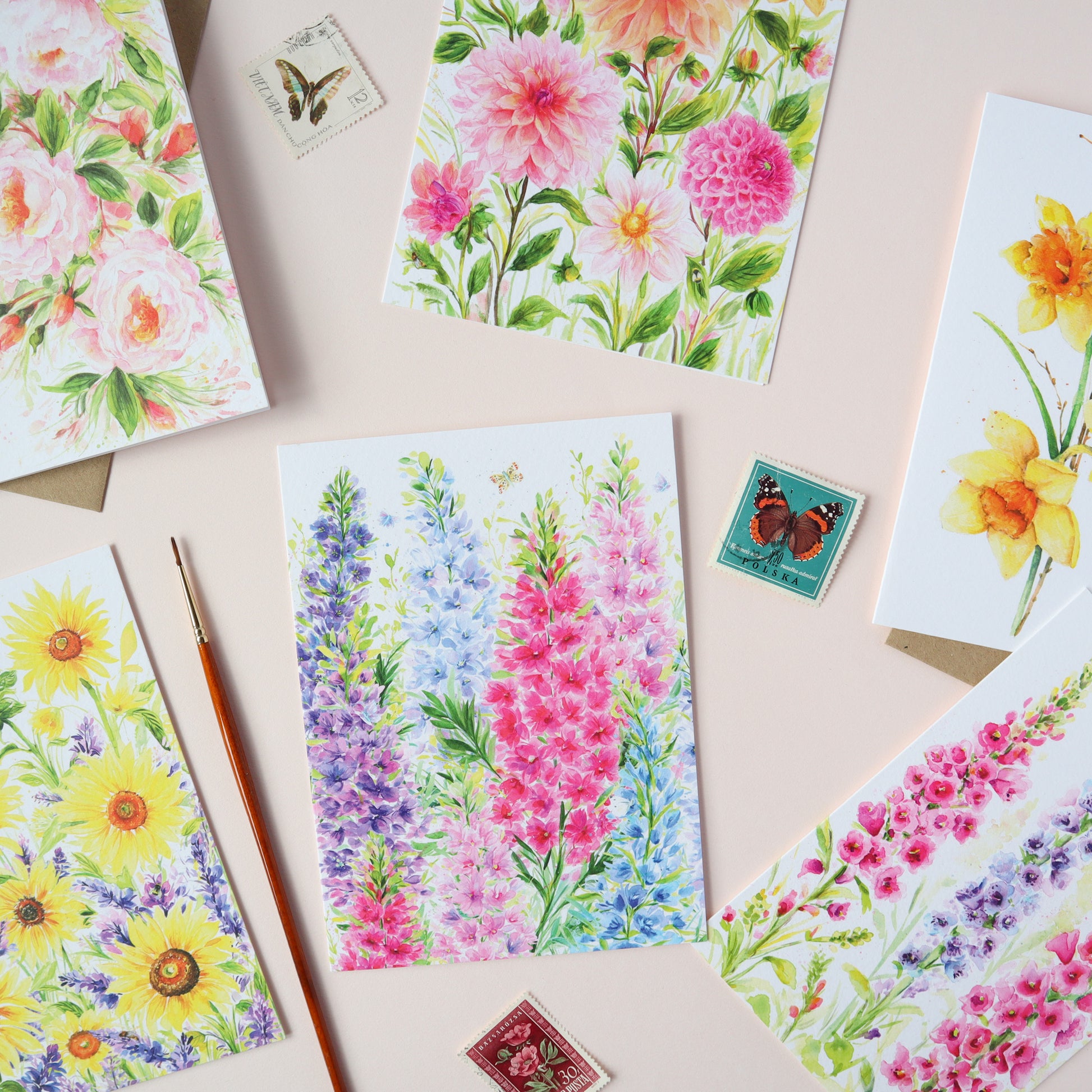 A variety of every day greeting cards with colourful floral designs