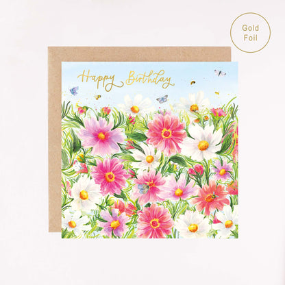Zinnias & Cosmos in Bloom Gold Foil Card